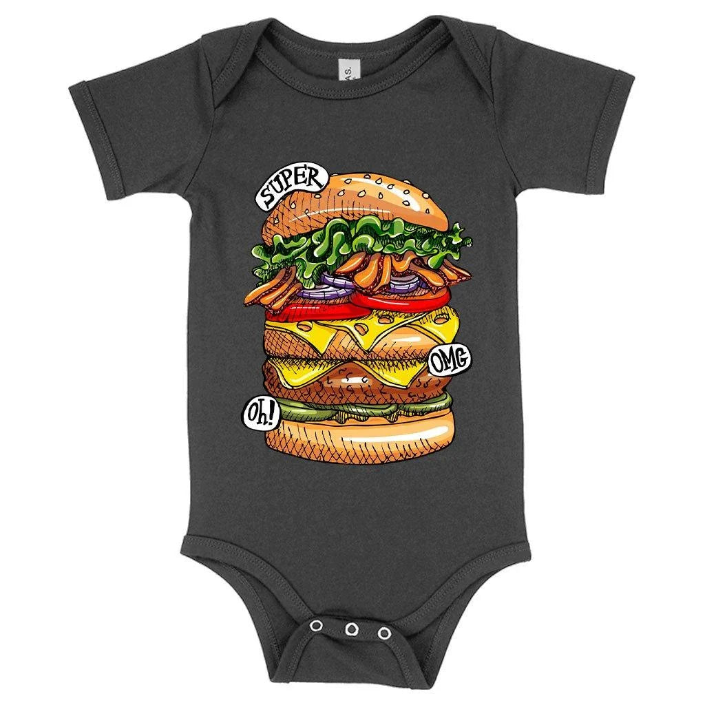 A cozy, flexible baby onesie featuring a fun kai burger graphic design, made of premium Airlume cotton for softness and sustainability.