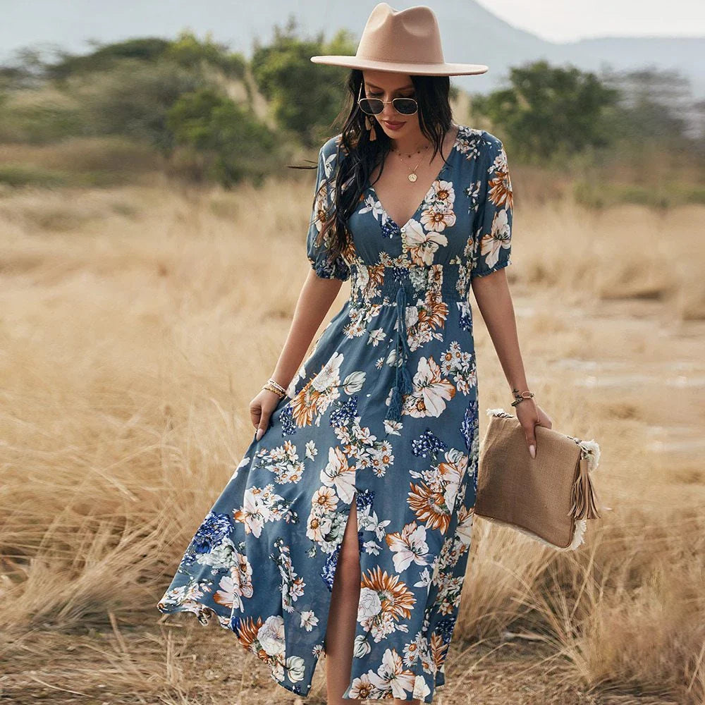 Elegant summer maxi dress with vibrant print, flattering A-line silhouette, and comfortable natural fiber blend