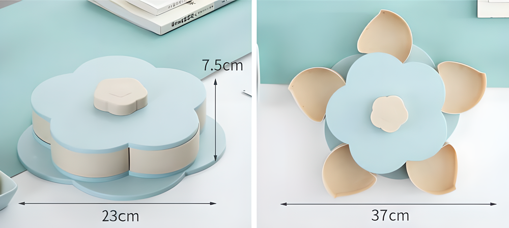 Flower-shaped expandable snack box with multiple compartments for serving a variety of treats and snacks