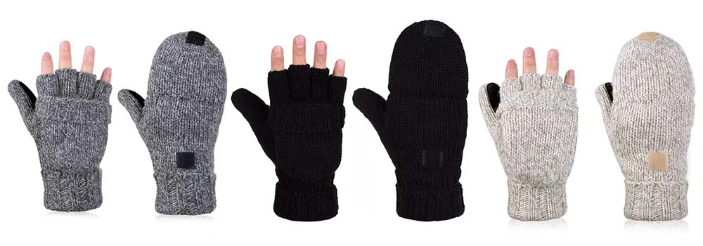 Warm and convenient woollen fingerless gloves with flip-top mittens in a range of neutral colours