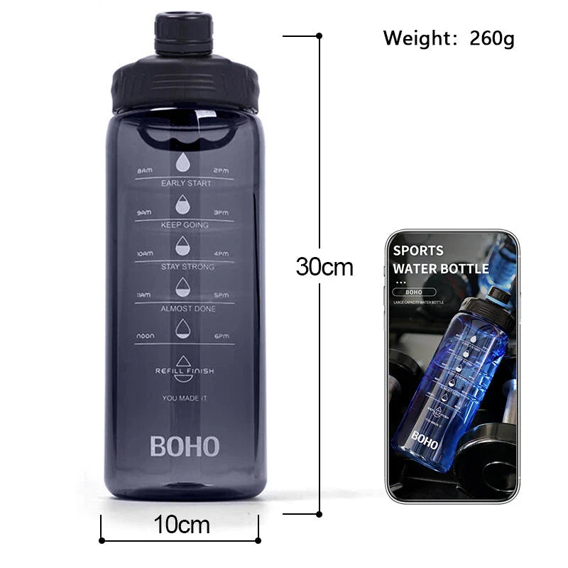 2 liter water bottle with straw, durable Tritan plastic construction, leak-proof design, time scale markings for hydration tracking