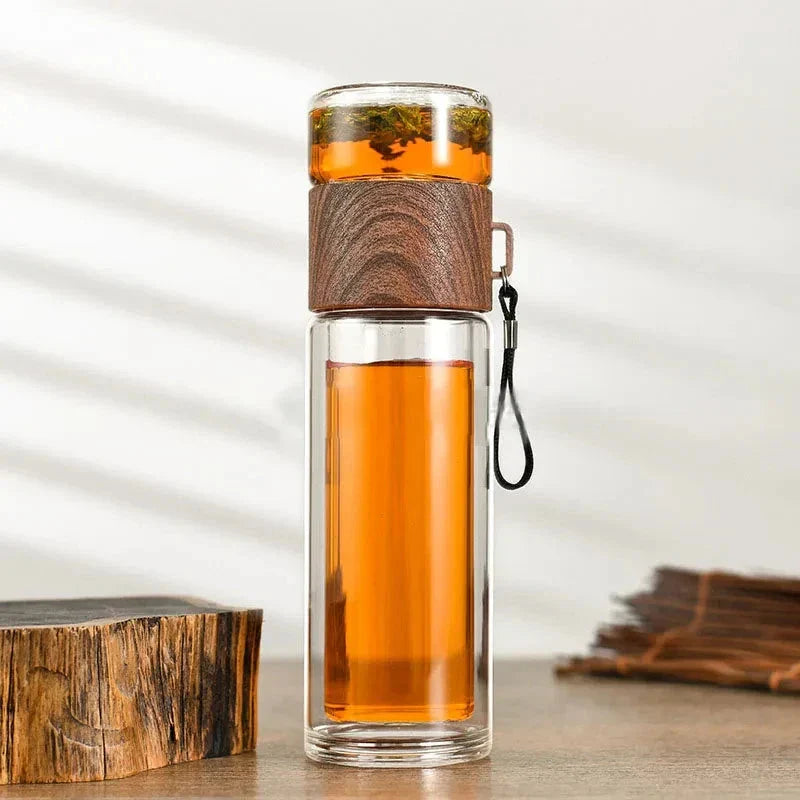 400ml Double Layer Glass Tea Infuser Bottle with Stainless Steel Infuser and Wooden Accent