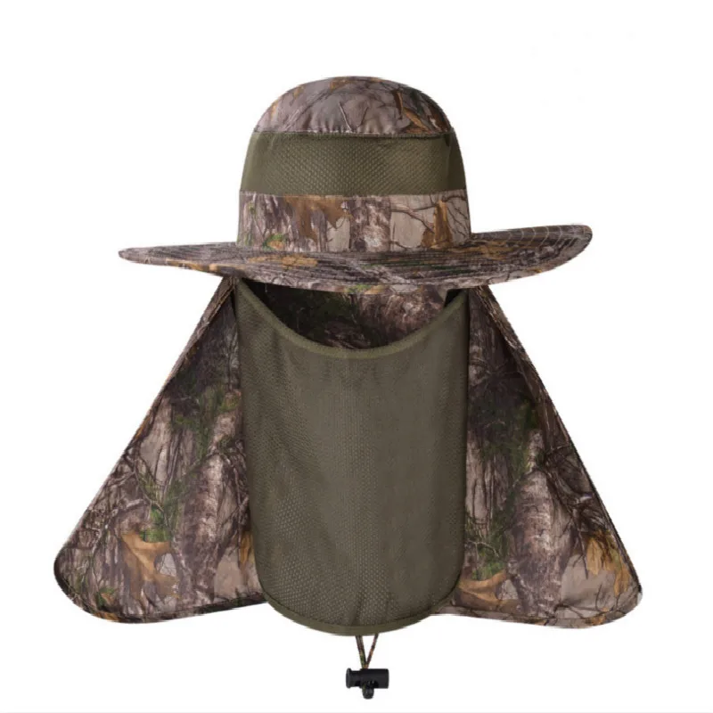 Versatile camo tactical bucket hat with removable neck cape and face shield for outdoor activities like fishing, hiking, and more