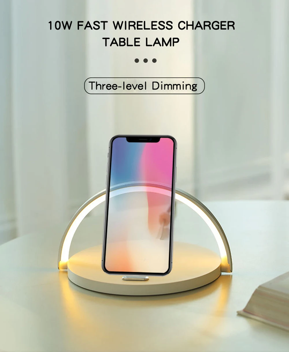 10W Qi Wireless Fast Charging Lamp with 3-in-1 design: wireless charger, adjustable night light, and phone stand