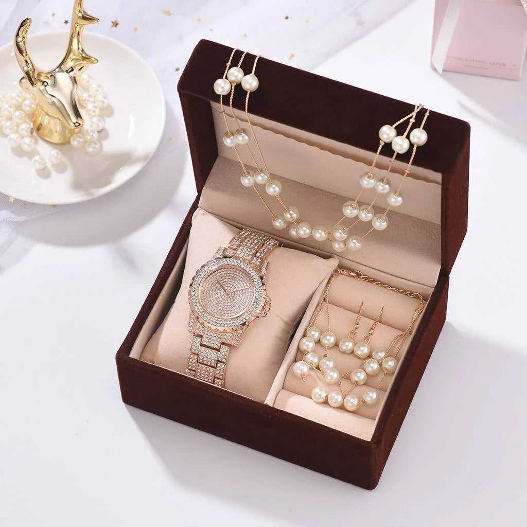 Trendha Fashion Accessory Set with Diamond Watch, Pearl Bracelet, Earrings, and Necklace