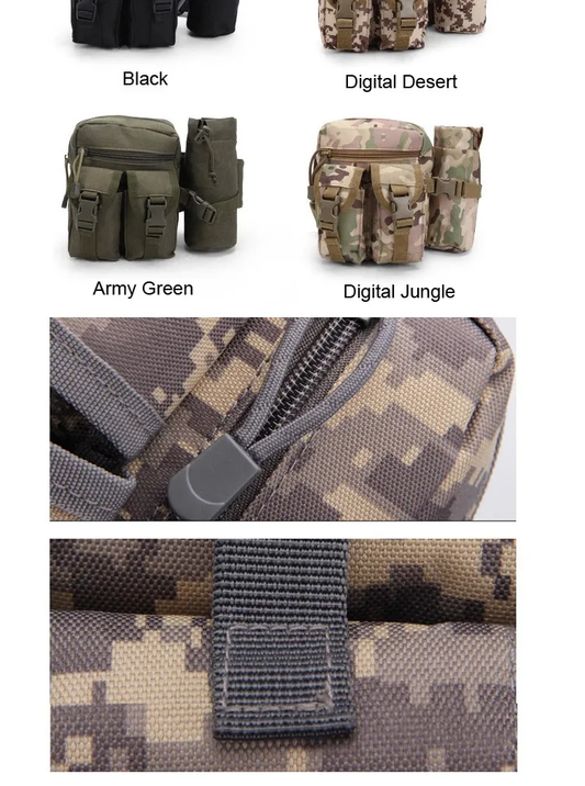 Tactical Water Bottle Waist Belt Pouch in various colours, including black, army green, and digital camo patterns, designed for active outdoor use in New Zealand.