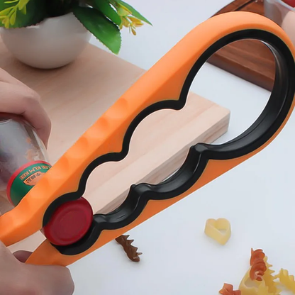 Versatile 4-in-1 Bottle and Jar Opener - a multi-purpose kitchen tool with 4 different sized openings to fit a wide range of lids and caps