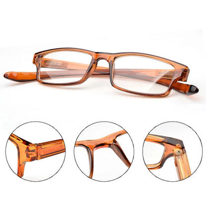 Ultralight self-hanging reading glasses with flexible, bendable frames, shatterproof polycarbonate lenses, and a stylish mirrored finish