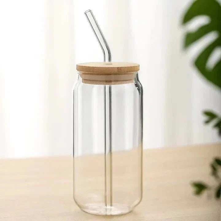 Premium 16oz borosilicate glass cup set with bamboo lid, reusable glass straw, and cleaning brush for hot and cold beverages