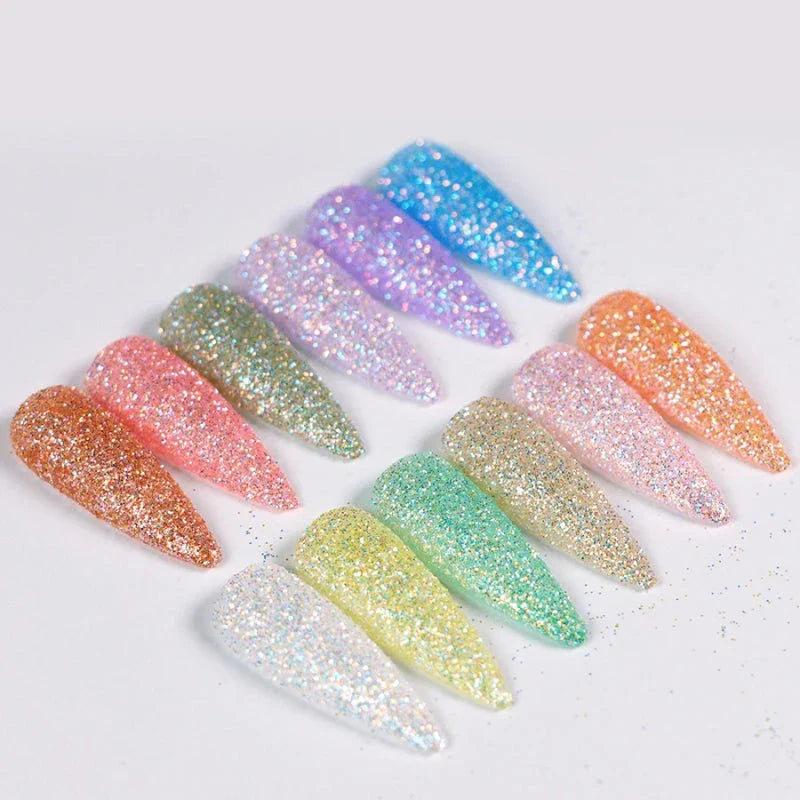 Trendha's 12-Box Iridescent Sugar Nail Glitter Powder Set featuring a collection of vibrant, candy-colored glitter powders