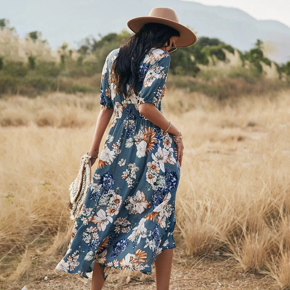 Elegant summer maxi dress with vibrant print, flattering A-line silhouette, and comfortable natural fiber blend