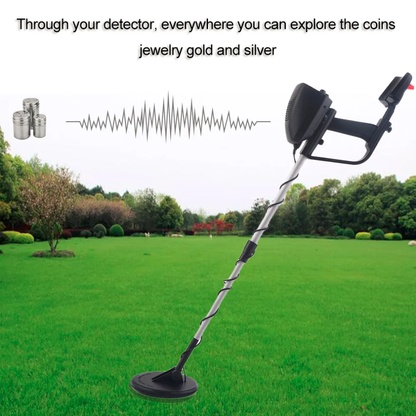 Rugged underground metal detector with adjustable height and visual indicators for detecting coins, jewellery, and other metal objects in New Zealand terrain