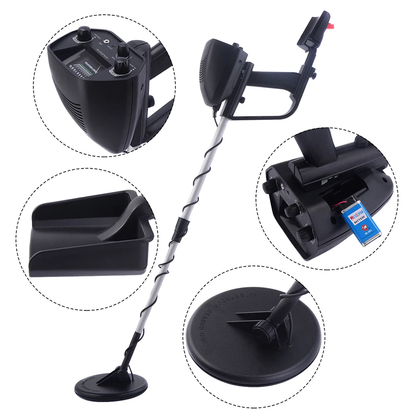 Rugged underground metal detector with adjustable height and visual indicators for detecting coins, jewellery, and other metal objects in New Zealand terrain