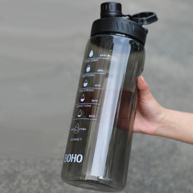 2 liter water bottle with straw, durable Tritan plastic construction, leak-proof design, time scale markings for hydration tracking