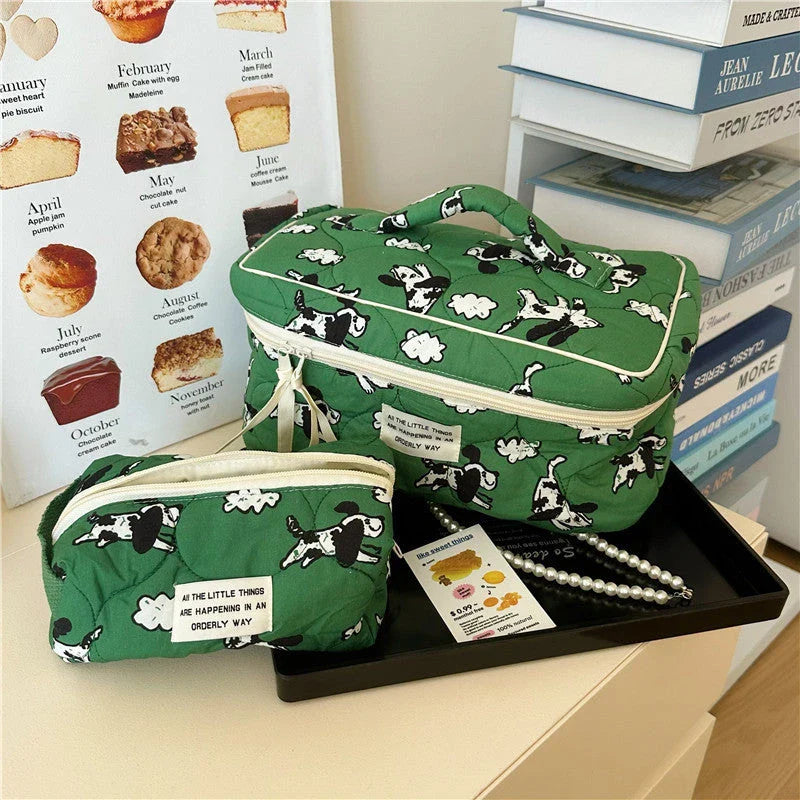 Adorable dog and sheep patterned cotton bag in two sizes: small and large, made of high-quality durable cotton with a secure zipper closure.