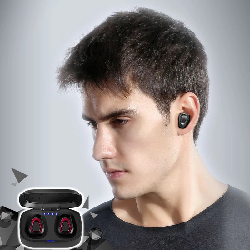 A7 Wireless Bluetooth Stereo Earbuds in black, red, and silver colors with charging case