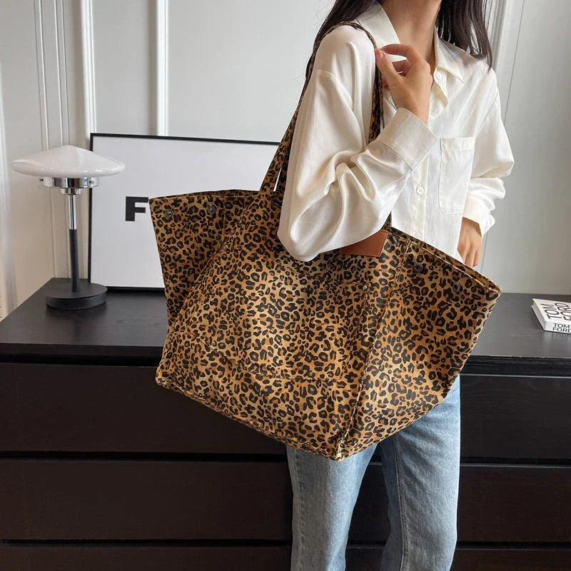 Oversized leopard print canvas shoulder bag with ample storage and stylish design, perfect for Kiwi women