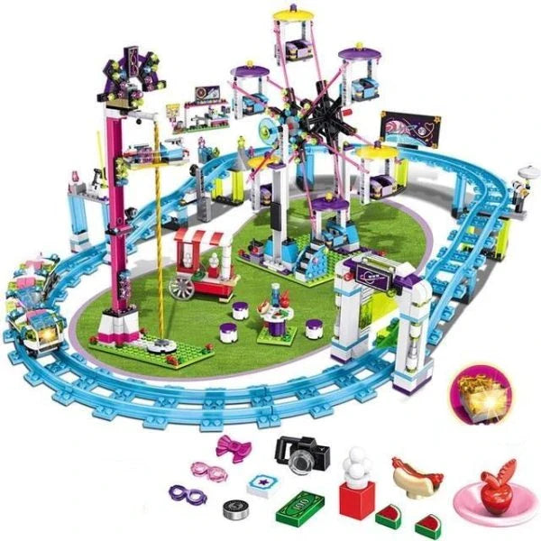 Thrilling Friends Amusement Park with a roller coaster, Ferris wheel, and other accessories for a fun-filled theme park experience