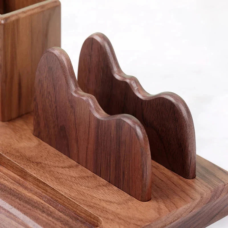 Elegant solid wood desk organizer with multiple compartments for pens, notes, and other office essentials