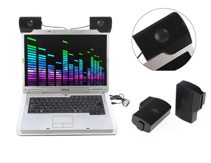 Compact, clip-on USB laptop speakers with Neodymium drivers for rich, balanced stereo sound