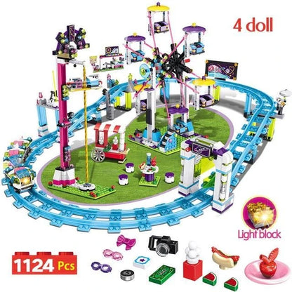 Thrilling Friends Amusement Park with a roller coaster, Ferris wheel, and other accessories for a fun-filled theme park experience