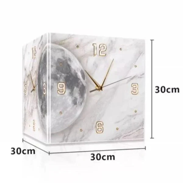 A double-sided corner wall clock made of premium acrylic with sleek aviation aluminum hands for a modern and elegant look