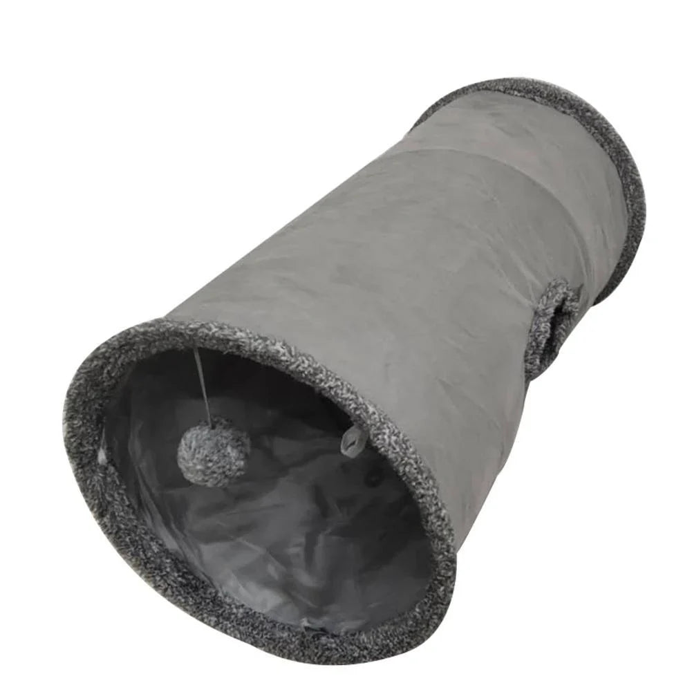 A collapsible cat tunnel toy made of polyester and velvet, providing a cozy hideaway for your curious feline friend.