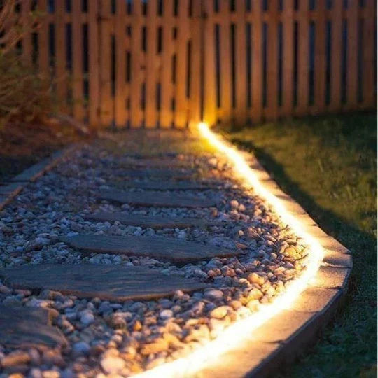 40ft solar-powered garden pathway lights illuminating a lush Kiwi backyard with flexible, weather-resistant design