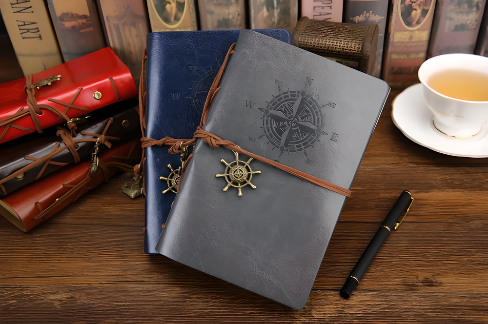 Rustic spiral PU leather journal in various colours, perfect for writing, drawing, and journaling