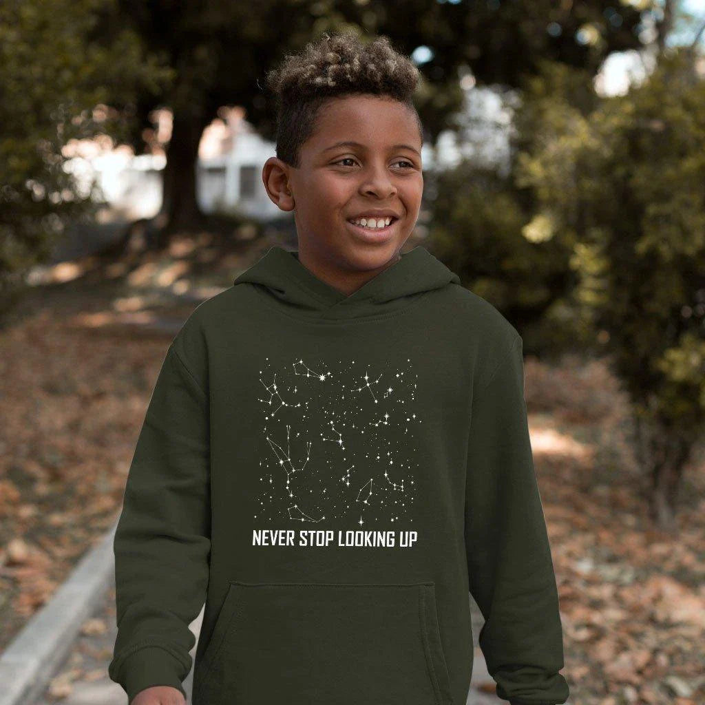 Kids' 'Never Stop Gazing' Hoodie in Constellation Design, made with soft Airlume cotton blend fabric