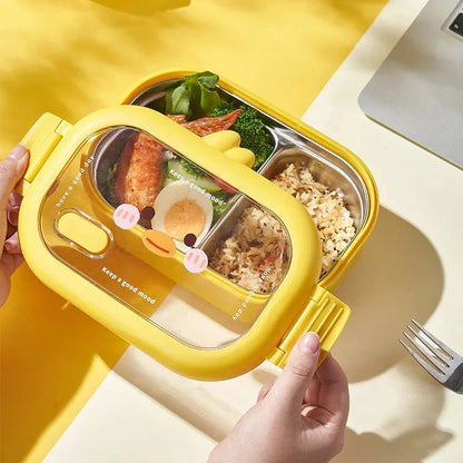 Stainless steel bento lunchbox with yellow lid and two compartments for healthy, leak-proof meals