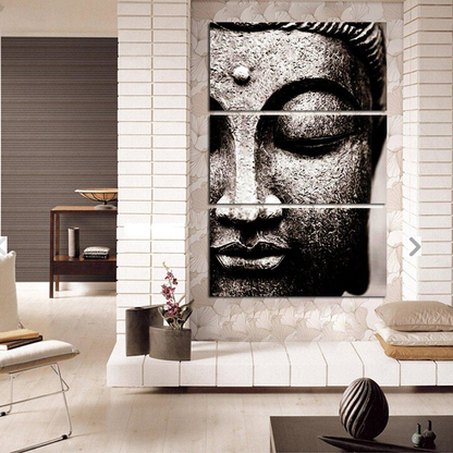 Serene 3-panel Buddha canvas wall art with a detailed, monochrome image of the Buddha's face