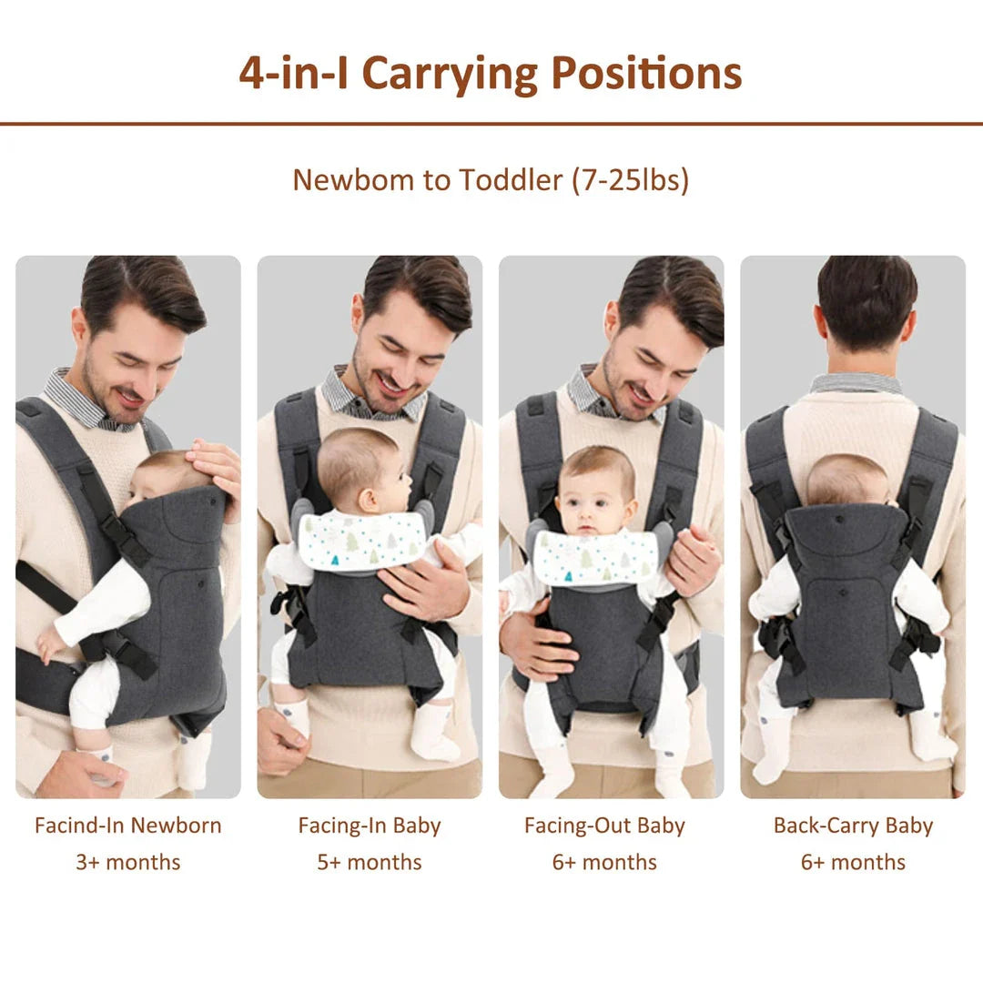 Ergonomic 4-in-1 baby carrier in gray, designed for comfort and convenience for Kiwi parents and their growing children