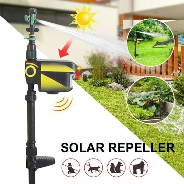 Garden Solar Scarecrow with motion-activated water sprinkler for humane animal deterrence and pest control