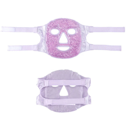 A purple hot and cold compress beauty mask made of soft suede fabric with adjustable design for comfortable facial care.