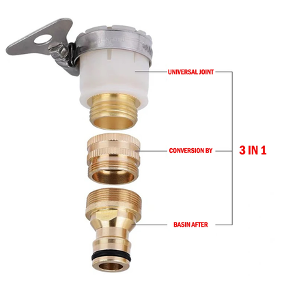 Premium brass 3-in-1 faucet adaptor with universal design for connecting a variety of taps, hoses, and water sources