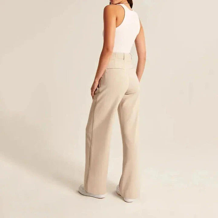 Elegant wide leg trousers for Kiwi women in a gray blue color, featuring a high-waist design and straight leg silhouette