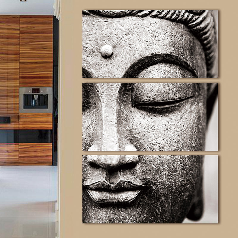 Serene 3-panel Buddha canvas wall art with a detailed, monochrome image of the Buddha's face