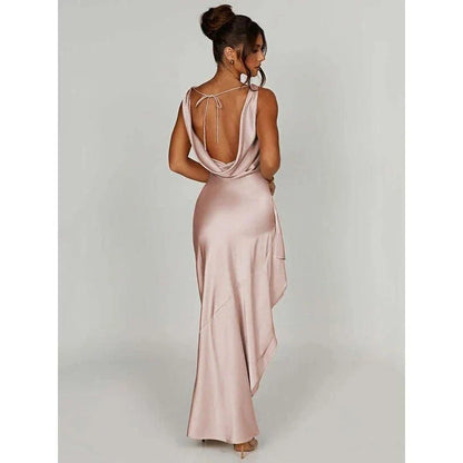 Elegant satin backless maxi dress with a V-neck and sleeveless design, perfect for formal events in New Zealand.