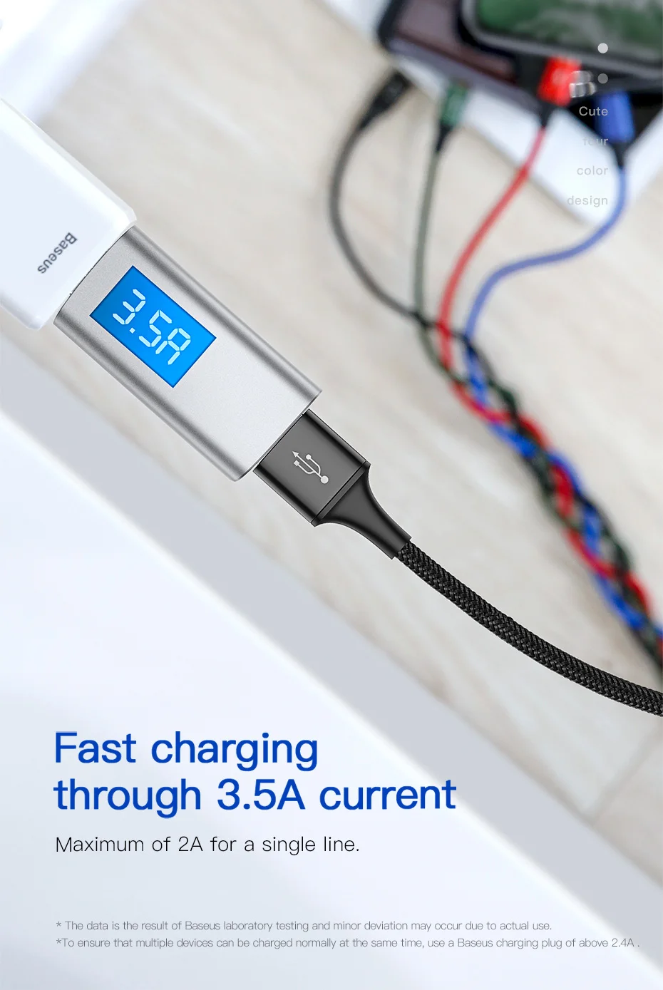 Baseus 4-in-1 Charging Cable with colour-coded connectors for iPhone, Type-C, and Micro USB devices