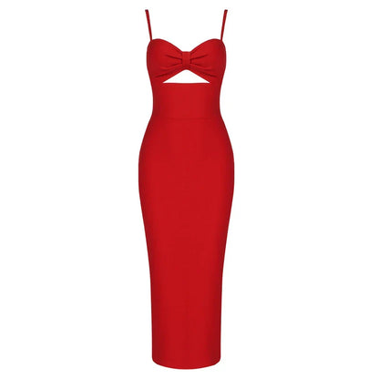 Sexy solid colour V-neck halter dress with a sleek, figure-hugging silhouette and long, flowing skirt