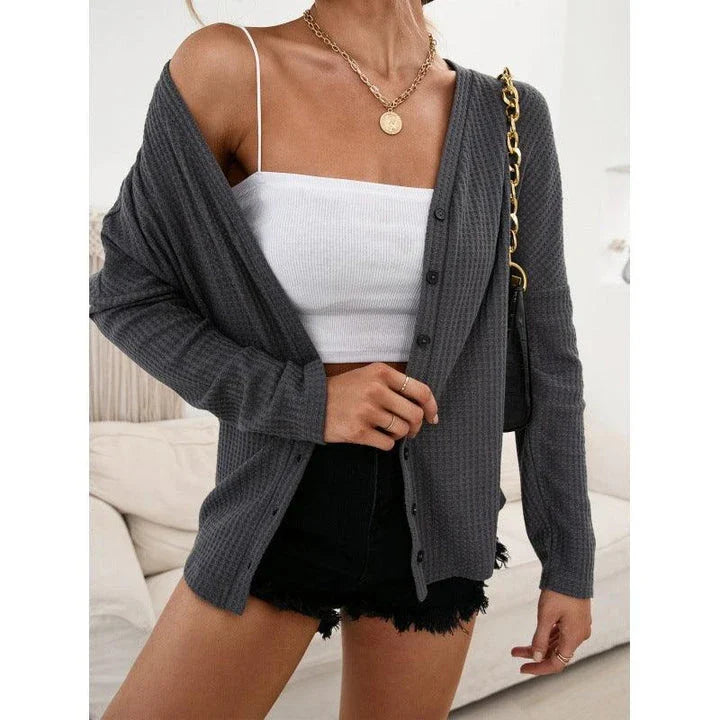 Comfy, cosy grey cardigan with a single-breasted design, perfect for everyday wear in New Zealand