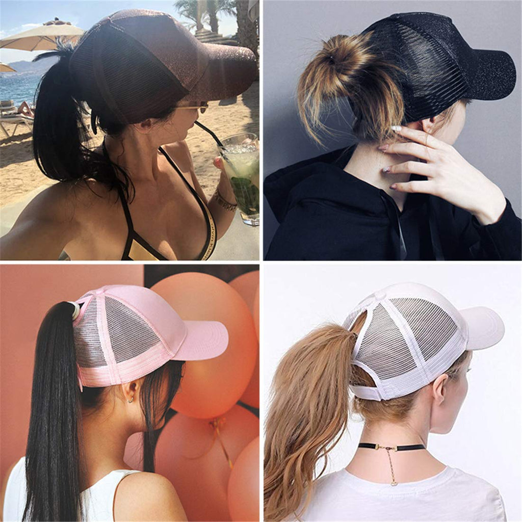 Women's mesh ponytail cap in various glitter and plain colours, featuring a sun visor and breathable design for comfort and style.