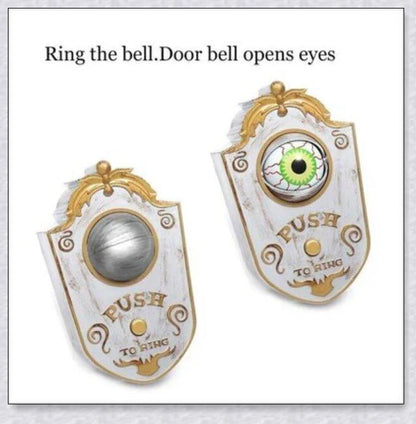 Animated Halloween doorbell with a pop-up green eyeball that glows and turns to frighten guests