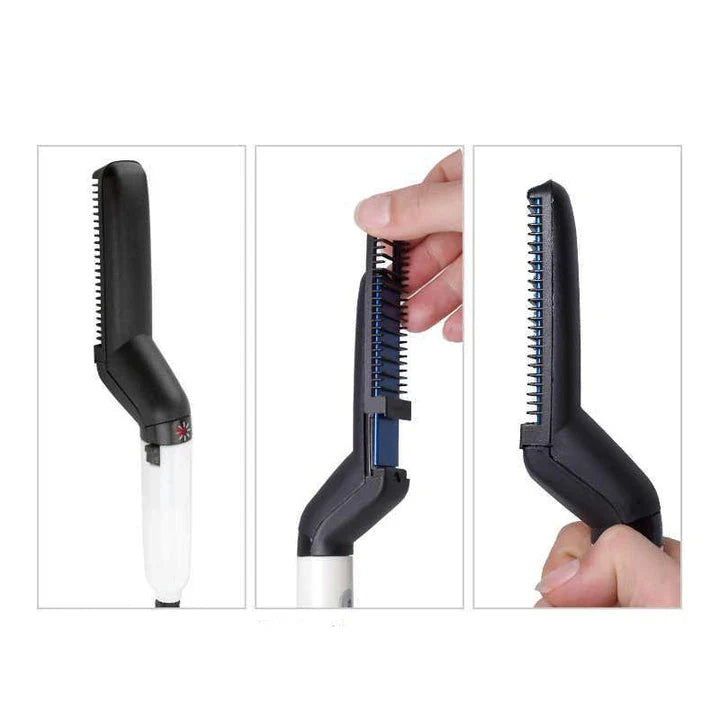 Versatile Hair Styler Brush with heating function, illuminated power indicator, and ergonomic handle for easy styling and beard grooming