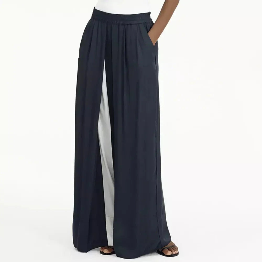 Stylish navy high-waist wide-leg pants with unique patchwork design for the fashion-forward Kiwi woman