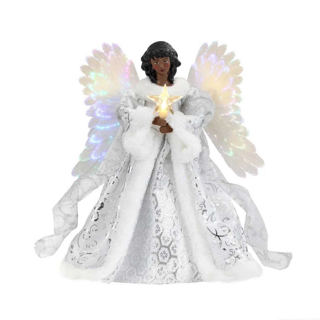 Glowing golden angel doll Christmas tree topper with intricate design, perfect for adding festive cheer to any Kiwi holiday display