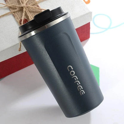 Stainless steel double-wall coffee mug with spill-proof lid, available in white color and small or large sizes