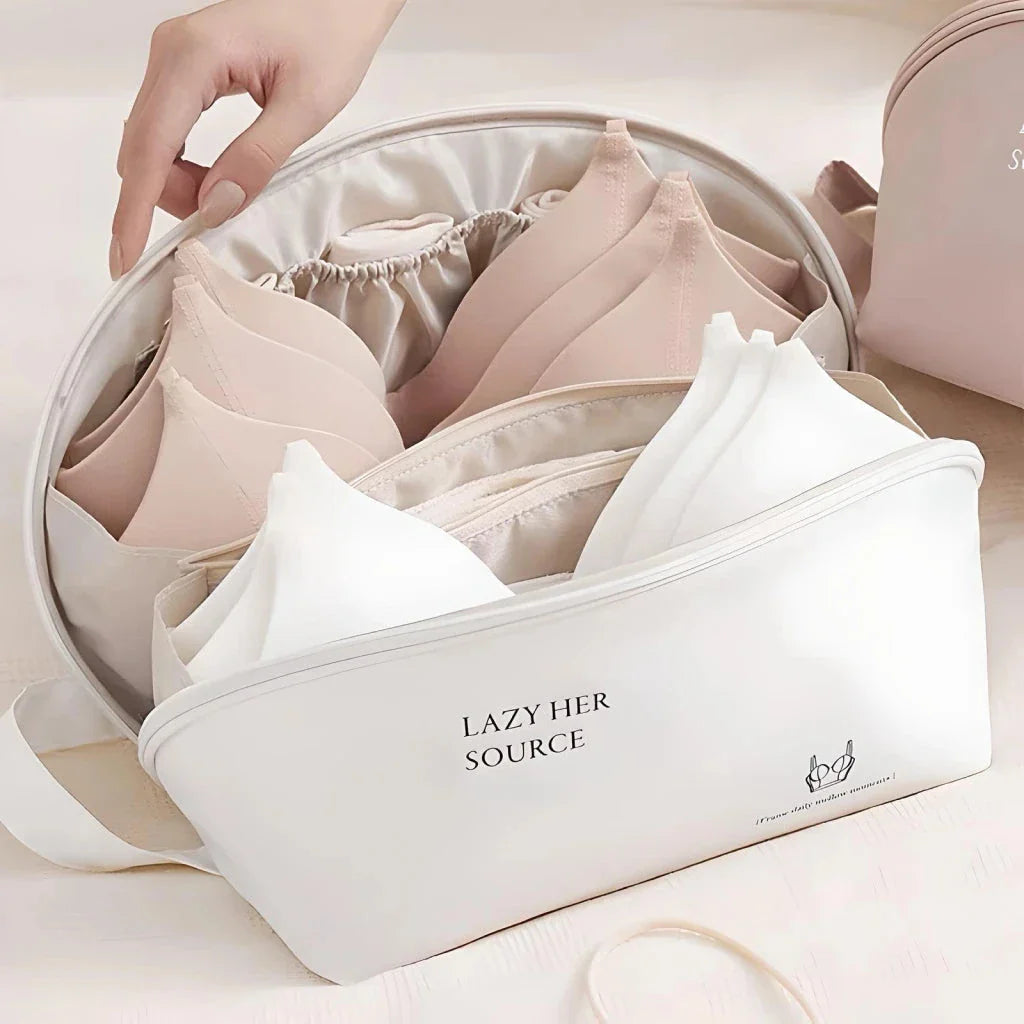 Compact Travel Underwear and Lingerie Organizer Bag in beige, pink, white, and blue colours