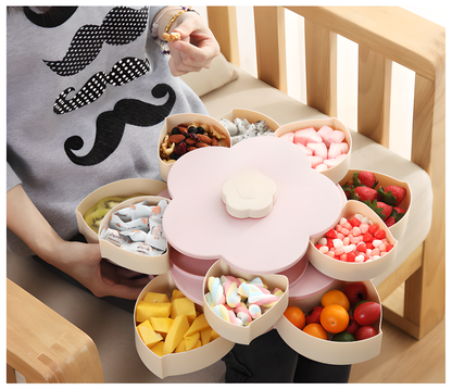 Flower-shaped expandable snack box with multiple compartments for serving a variety of treats and snacks